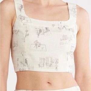 Elodie Linen Blend Cafe Print Cream Crop Top